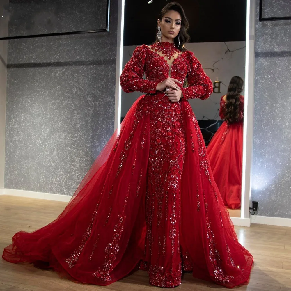 Robe de soirée en tulle rouge brillant pour mariage, robes de soirée perlées, robe formelle, train parfait, 2021