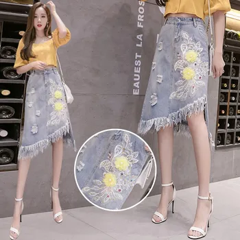 

Summer Fall Women Beading Flower Tassel Irregular Hollow Out Denim Skirt Designer Woman Embroidery Slim Jeans Skirts Plus Size