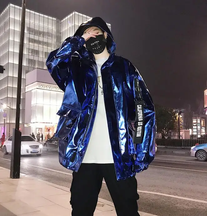 S-XXL! Мужская Глянцевая кожаная куртка в стиле хип-хоп для ночного клуба, сценический костюм, серебряная куртка с капюшоном, красивая мужская одежда - Цвет: Синий