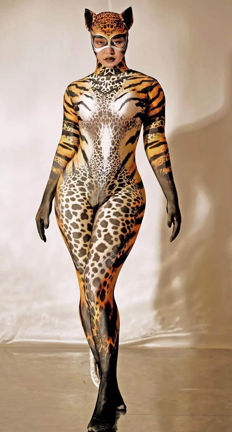 Full Cover Jumpsuit Spandex Stretch Skinny Bodysuit Women Rave Party Cat Cosplay Costume Party Show Nightclub Dancer Stage Wear