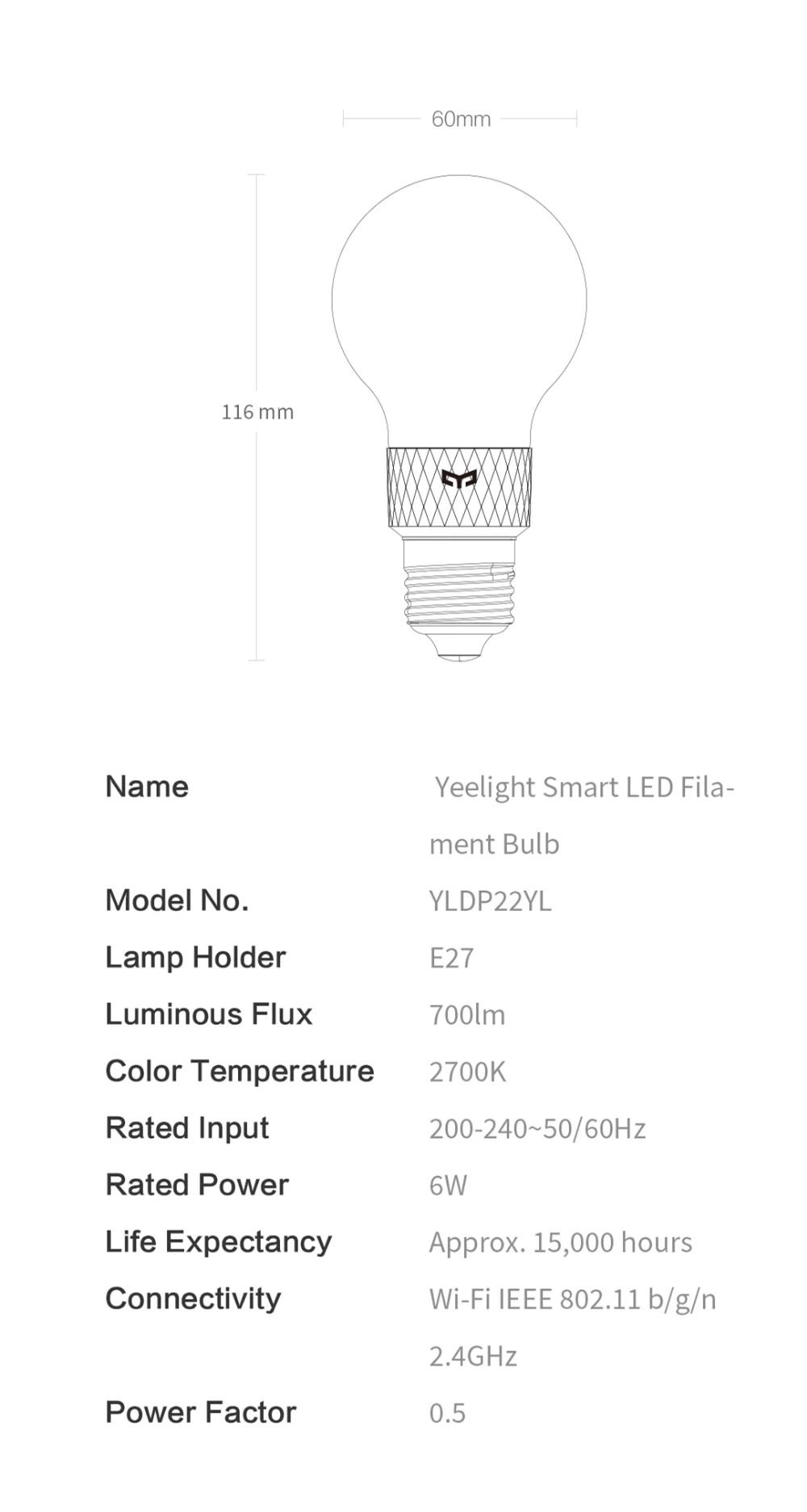 Original Yeelight Smart LED Bulb E27 6W Home Life Filament Light Wifi Remote Control Work With Mijia APP Google Assistant Alexa