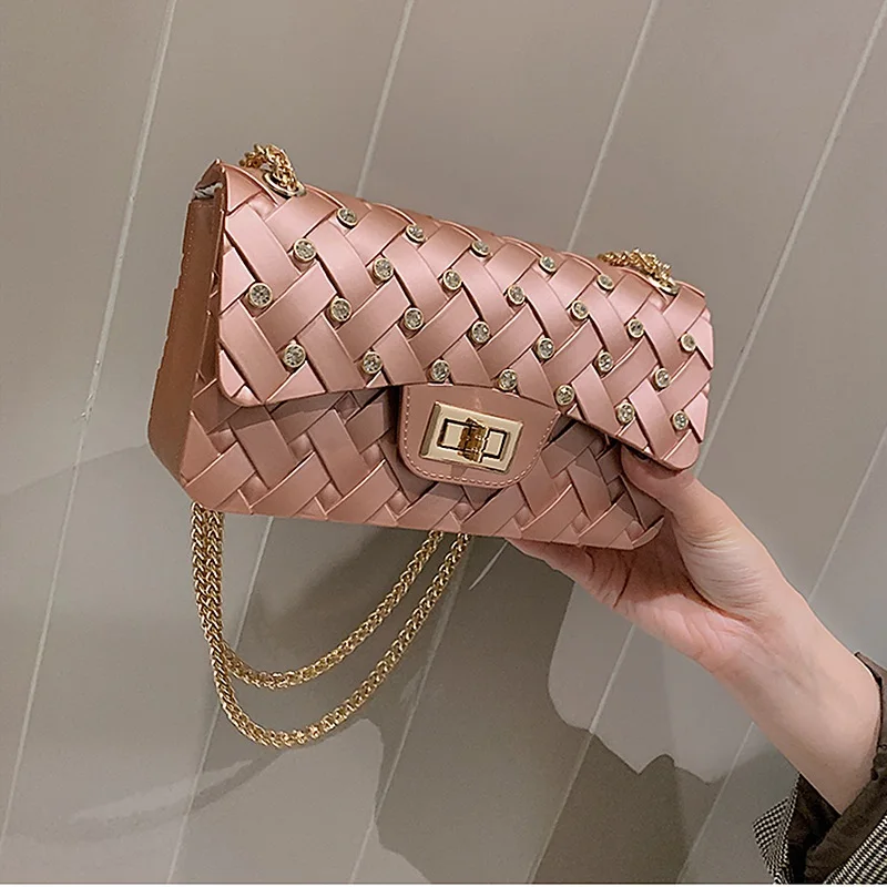 Pink shoulder bag Мини кожаные сумки через плечо для женщин зеленая цепь сумка через плечо Женский вязаный узор кошельки сумочки через плечо сумка - Цвет: Pink shoulder bag