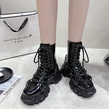 baratas Outono Botas De Motocicleta Botas Senhoras Vintage Combate Exército Punk Goth Botas Femininas Preto Patente Couro Plataforma Botas Curtas