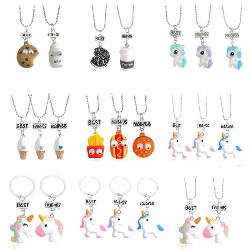 

Fashion New 3 Pieces / Set Best Friends Cute Resin Pendant Necklace Lady Unicorn Milk Biscuit Fries Necklace BFF Couple Jewelry