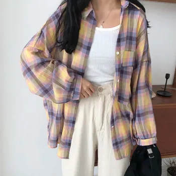 

Women Plaid Shirts Big Pocket Turn-down Collar Long Sleeve Shirt Women Casual Loose Blouses Blusas