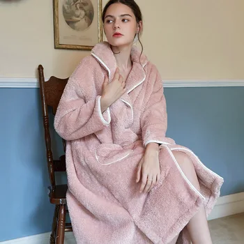 

Autumn Winter Sweet Warm Nightgown For Women Long-sleeve Cardigan Buttons Thicken Loose Solid Plus Velvet Pocket Home Nightrobe