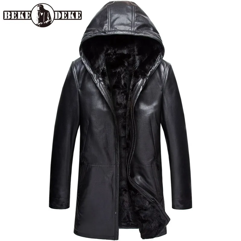 

Luxury Business Men Winter Warm Real Mink Fur Lining Coat Mid Long Cowhide Genuine Leather Jacket Man Hoody Shearling Overcoat