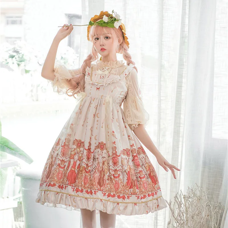 

Palace princess daily sweet lolita dress vintage cute printing bowknot high waist victorian dress kawaii girl gothic lolita jsk