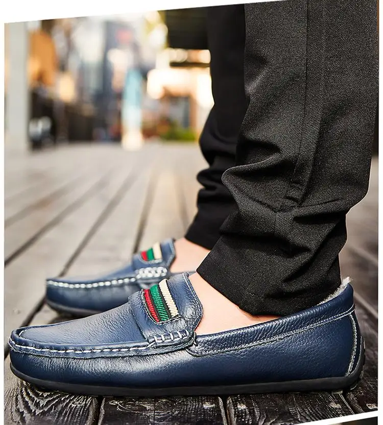 Men Loafers Shoes Genuine Leather Winter Fur Casual Male Boat Shoes Plush Party Shoes Slip On Driving Shoes Large Size 38-47