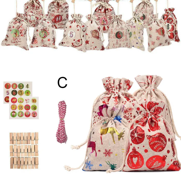 Advent Calendar Set 24 Filling Fabric Gift Bags with Number Labels for DIY Christmas Decor PAK55