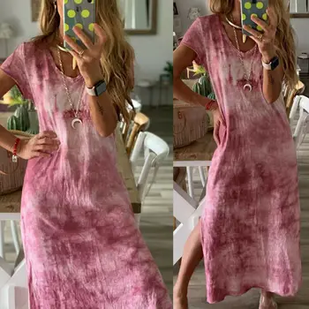 

Plus Size Womens Summer V-Neck Beach Long Maxi Dress Tie-Dye Full Length Loose Split Shirt Dress