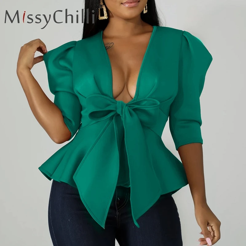 MissyChilli гофрированная белая Элегантная блузка Футболка женское с буфами длинный рукав галстук бабочка Осенние Топы женские сексуальные винтажные блузки Мода