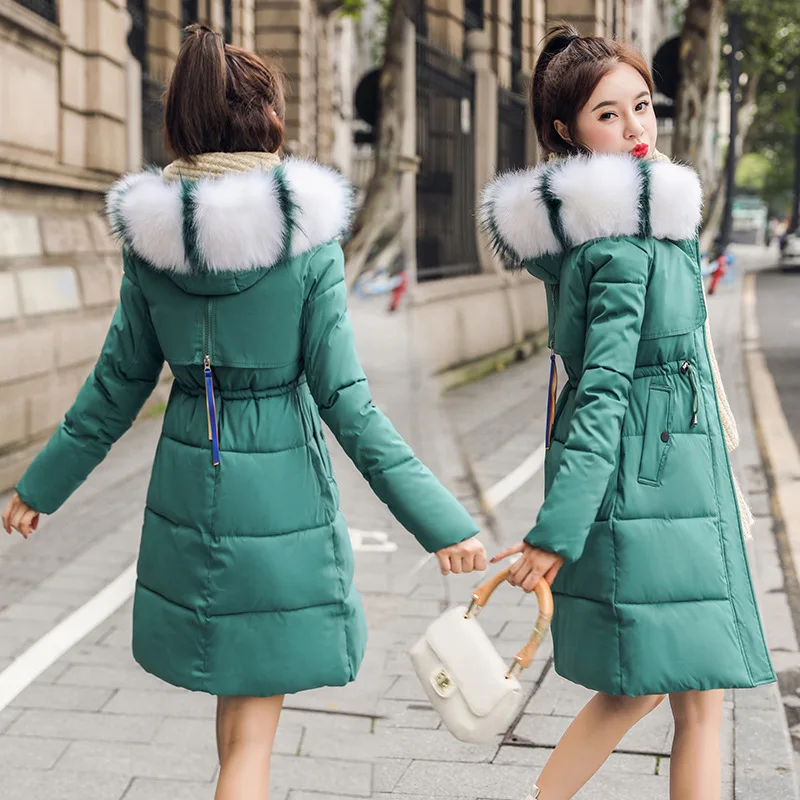 

2019 New Style Winter Korean-style Color Large Fur Collar Cotton-padded Clothes Women's Mid-length Slim Fit Slimming down Jacket