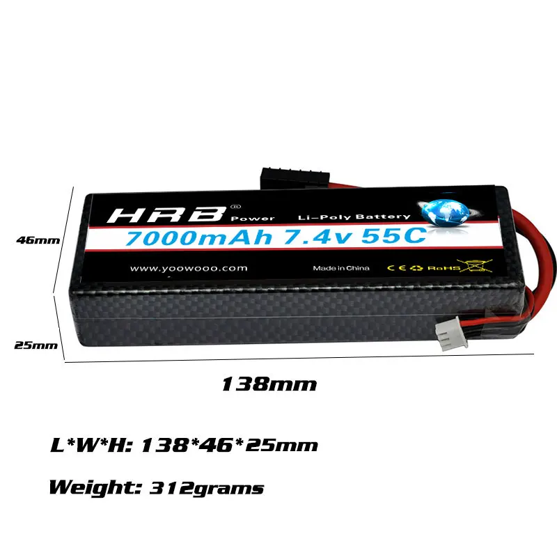 2pcs HRB 7.4V 7000mAh 55C 2S LiPo Battery Pack HardCase with Deans T Plug For Traxxas RC Car Losi Slash Buggy Boats 4x4 1/8 1/10