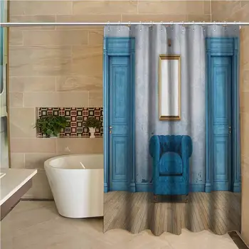 

Antique Precision Custom Shower Curtain Empty Room with Two Doors Armchair and Simple Mirror with Golden Color Frame Modern