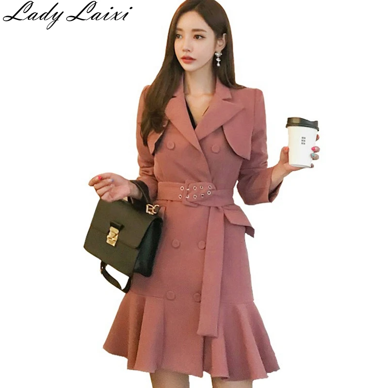 

2019 Autumn Fashion Solid Women Long Sleeve Ruffle work dress Double-Breasted Button Mini Female Mermaid dress with sashes