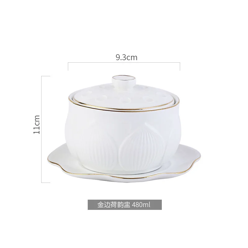 Household stewing cup water-proof ceramic bird's nest soup cup with cover bone porcelain pure white circular gold stew pot tank - Цвет: 480ml.