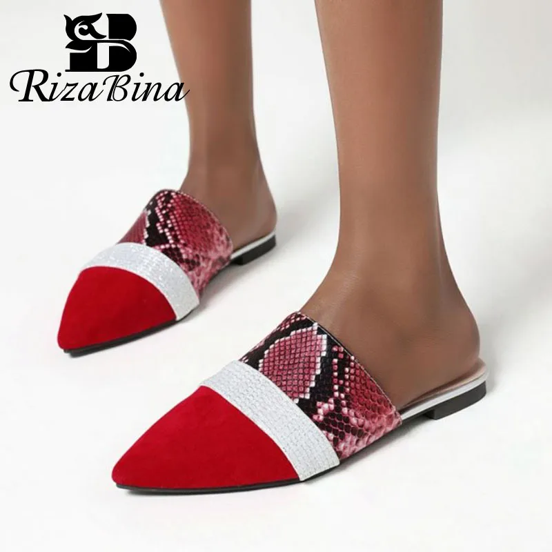 

RizaBina Women Shoes Mules Pointed Toe Flat Shoes Snakeskin Mixed Color Patch Work Ladies Footwear Red Plus Stylish Size 31-48