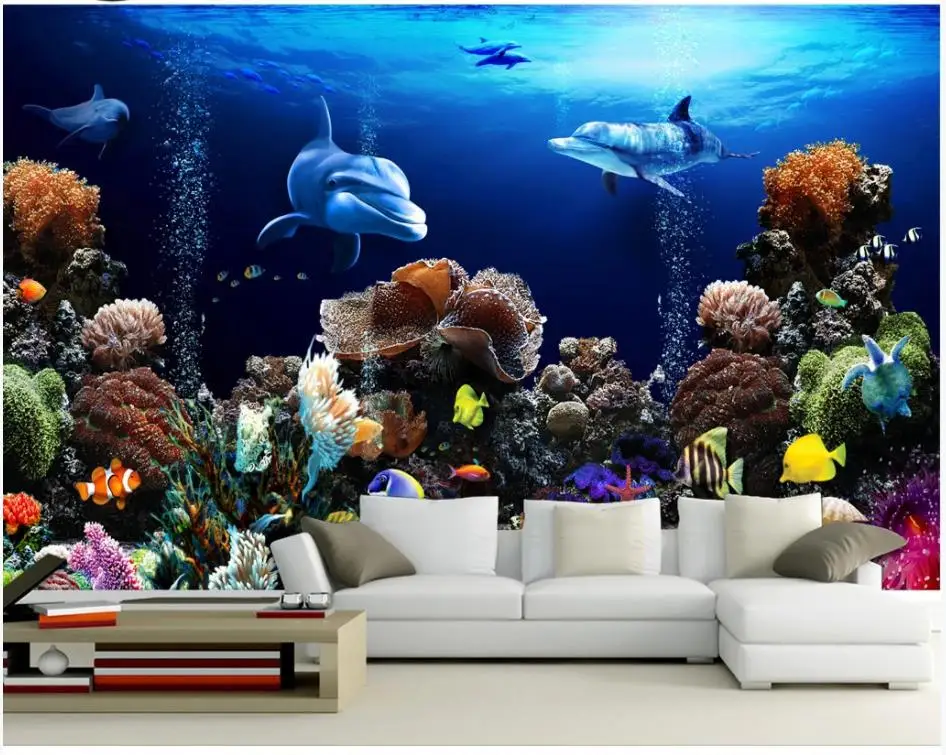 

Custom photo wallpaper for walls 3 d murals New mediterranean sea Underwater World Dolphin living room TV Background Wall papers
