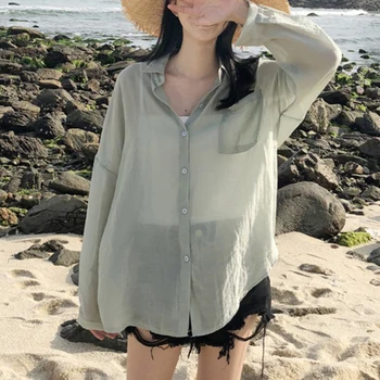 

Women Blouses Summer Blouse Female Long Sleeve Shirts Thin Sunscreen Pocket Shirt liva girl