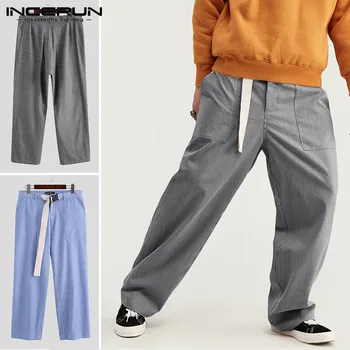 

INCERUN New Spring Man Fashion Loose Straight Trousers Male Casual Pant Personality Buckle Stitching Vertical Stripes Pants 5XL