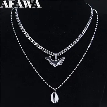 Collar de doble capa de acero inoxidable con diseño de ballena esmaltada, collar, joyería, color negro, N1985S01