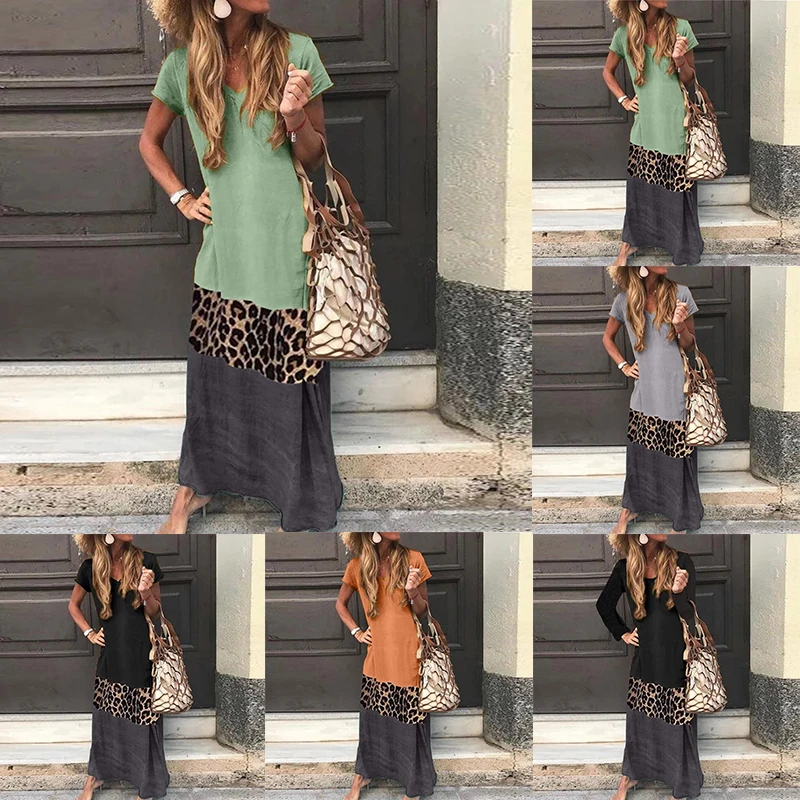 Vintage Leopard Long Dress Plus Size Loose Beach Summer Dress Fashion Casual Women Dress Long Sleeve & Short For Choice