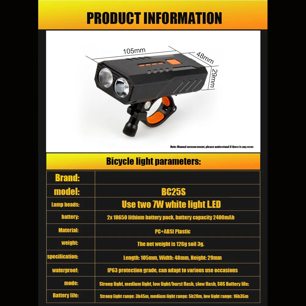 Faro de bicicleta de montaña, Cargador USB con batería recargable, equipo de conducción de 2400MAH y 5000MAH