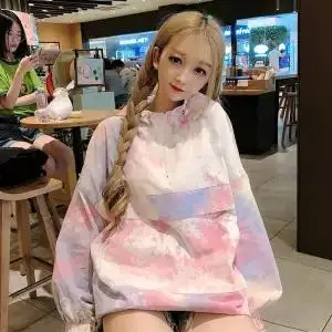 Розовый Ie Dye/женские толстовки с капюшоном и длинными рукавами; сезон осень; большие толстовки; уличная одежда с круглым вырезом; вязаные повседневные толстовки в стиле хип-хоп для девочек - Цвет: Розовый