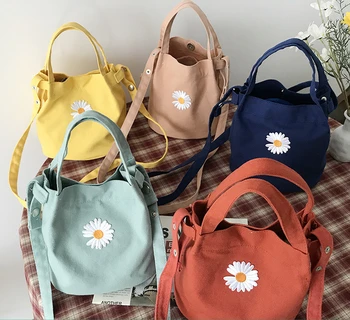 

New Small Handbag Totes Ladies Casual Vintage Purse Cloth Bucket Pouch For Girls Daisy Embroidery Women Mini Canvas Shoulder Bag