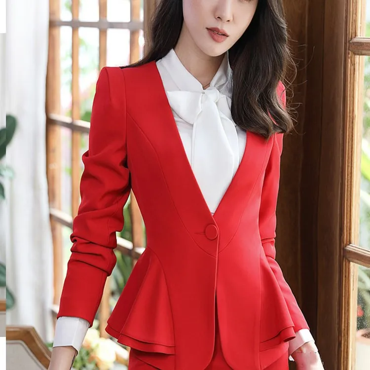 

2019 Elegant V Neck Women Slim Ruffles Business Blazer Formal Office Ladies Jacket Plus Size Work Coat