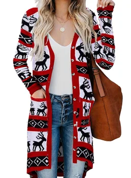 

2020 Autumn and Winter New Knitted Women's Cardigan Slim Knitted Sweater Coat Cute Printed V-neck Cardigan Women's Coat