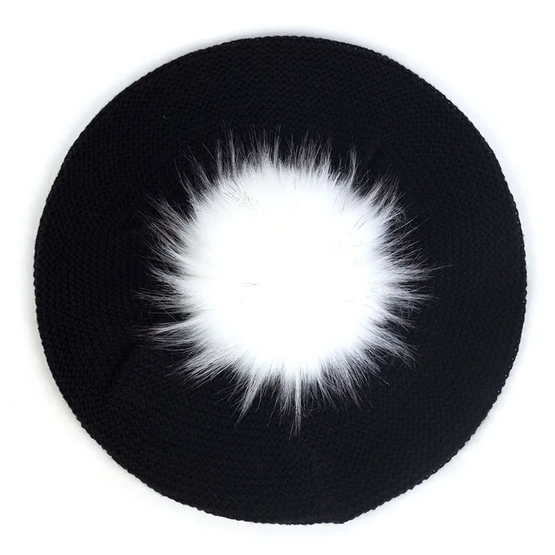 Geebro, женские зимние осенние шапки с искусственным мехом, помпон, громоздкий вязаный Французский Берет для художника, одноцветные шапки с помпонами BL006 - Цвет: Black21