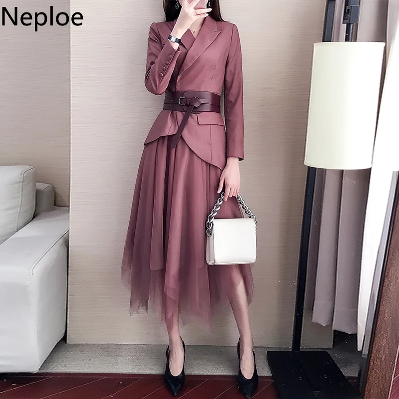 Neploe Autumn Dresses Women Fashion Slim Waist Sliming Belt Suit Plus Size Temperament Over Knee Two-piece Set 46729 |