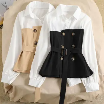 

2020 spring Female Spliced Blouse Tops Long Sleeve Casual Turn-down Collar Sashes white OL Casual Women Small Blouses G1293