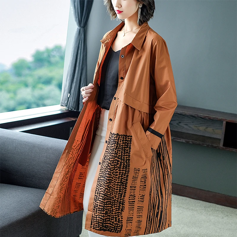 

plus size large Windbreaker Women Loose Coat 2019 Autumn Winter button elegant vintage coats print floral clothing