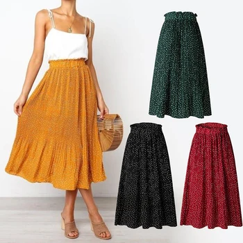 

2019 Autumn Casual Print High Waist Pleated Womens Long Skirts For Women