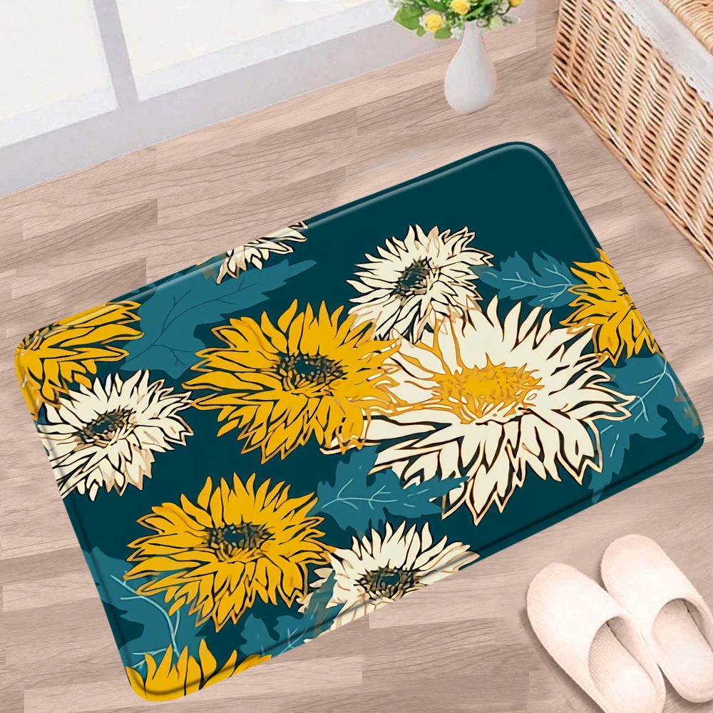 

Doormat Sunflower Flower Bathroom Mat Plant Leaves Anti-slip Rug Flannel Fabric Floor Decor Toilet Kitchen Entrance Aisle Carpet