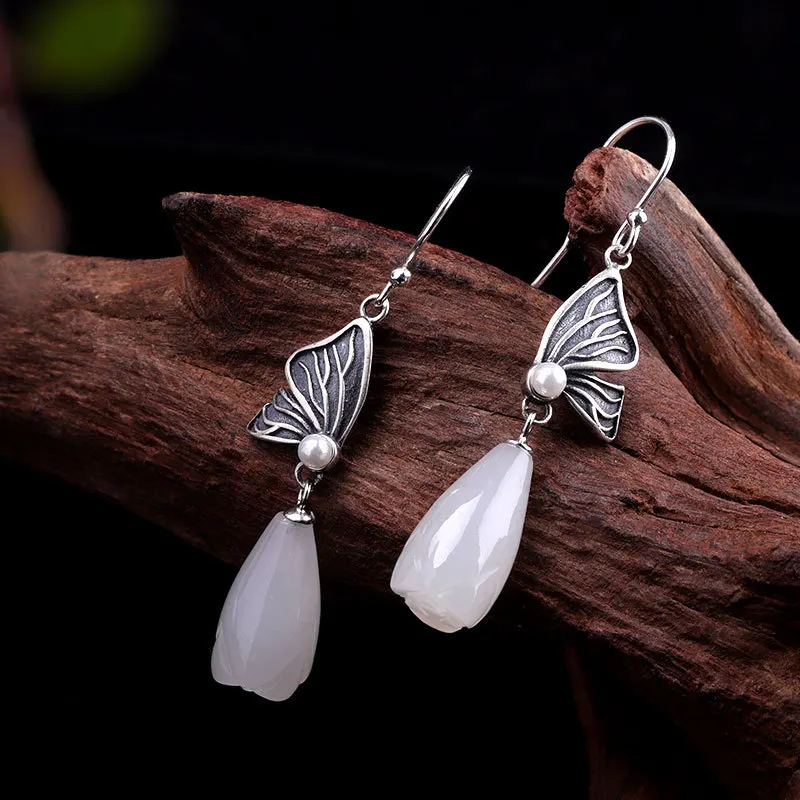 Uglyless Vintage Thai Silver Butterfly Earrings for Women Natural Jade Magnolia Dangle Earrings 925 Silver Pearls Brincos E1476