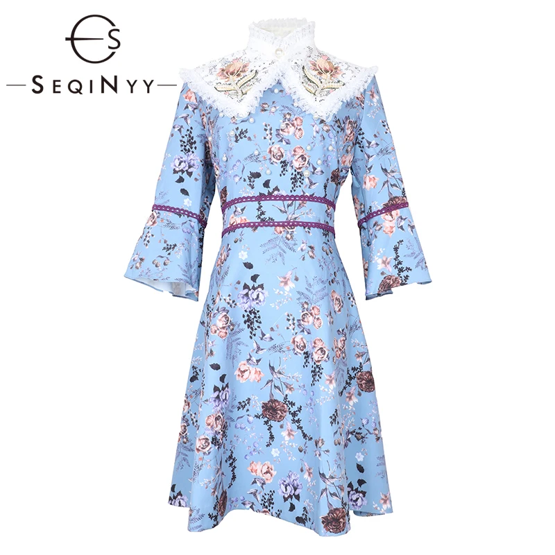SEQINYY роскошное платье летнее Новое модное дизайнерское женское кружевное платье с вышивкой бисером и цветочным принтом с длинным рукавом ТРАПЕЦИЕВИДНОЕ ПЛАТЬЕ с принтом