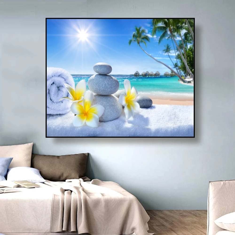 Canvas Painting Bath towels and stacked stones Sun & beach Art Poster Picture Wall Decor Modern Home Decoration For Living room Canvas Painting Bath towels and stacked stones Sun & beach Art Poster Picture Wall Decor Modern Home Decoration For Living room