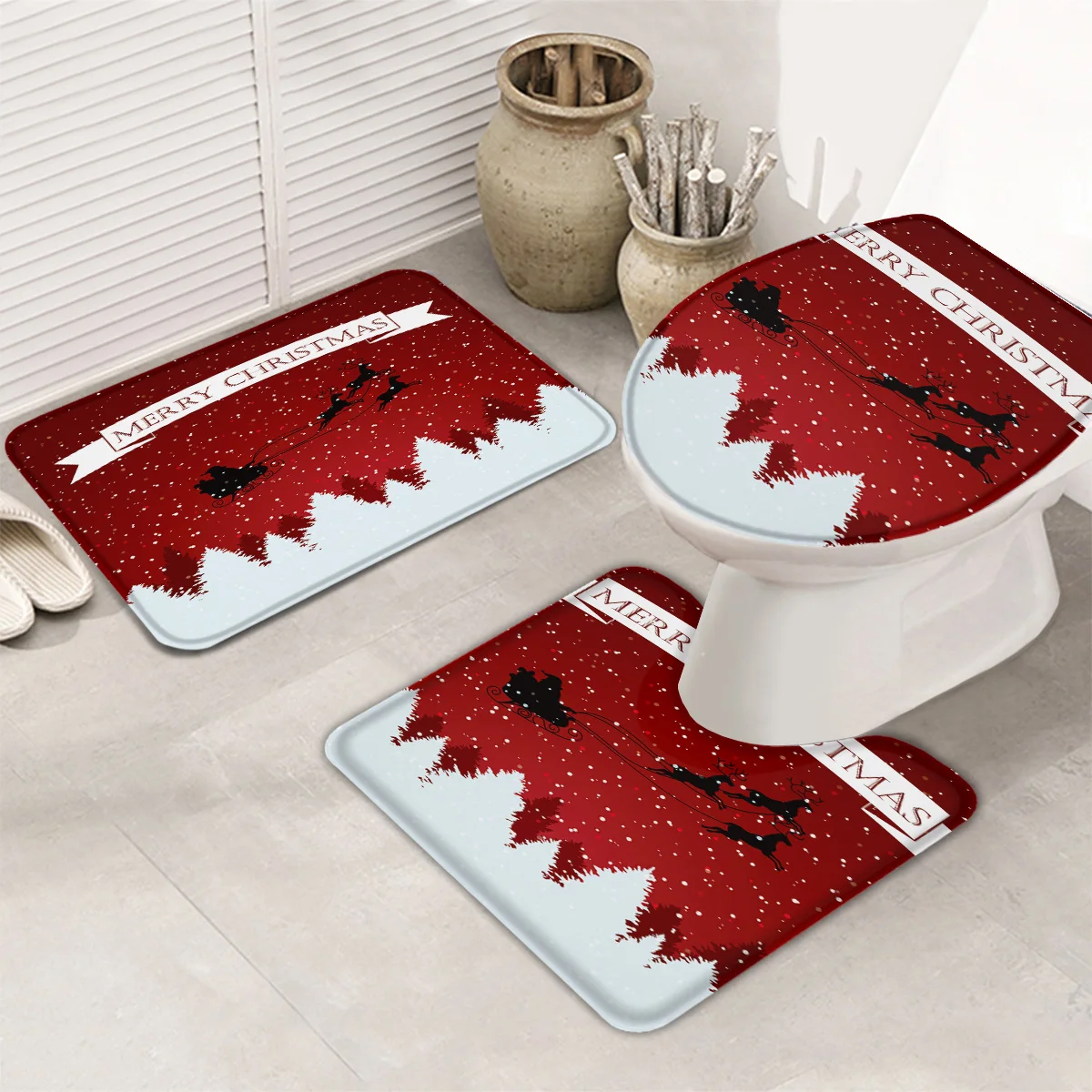 3 Pieces Bathroom Set Merry Christams Durable Bath Set Toilet Cover Mat Pedestal Rug Non-Slip Bathroom Rug Set