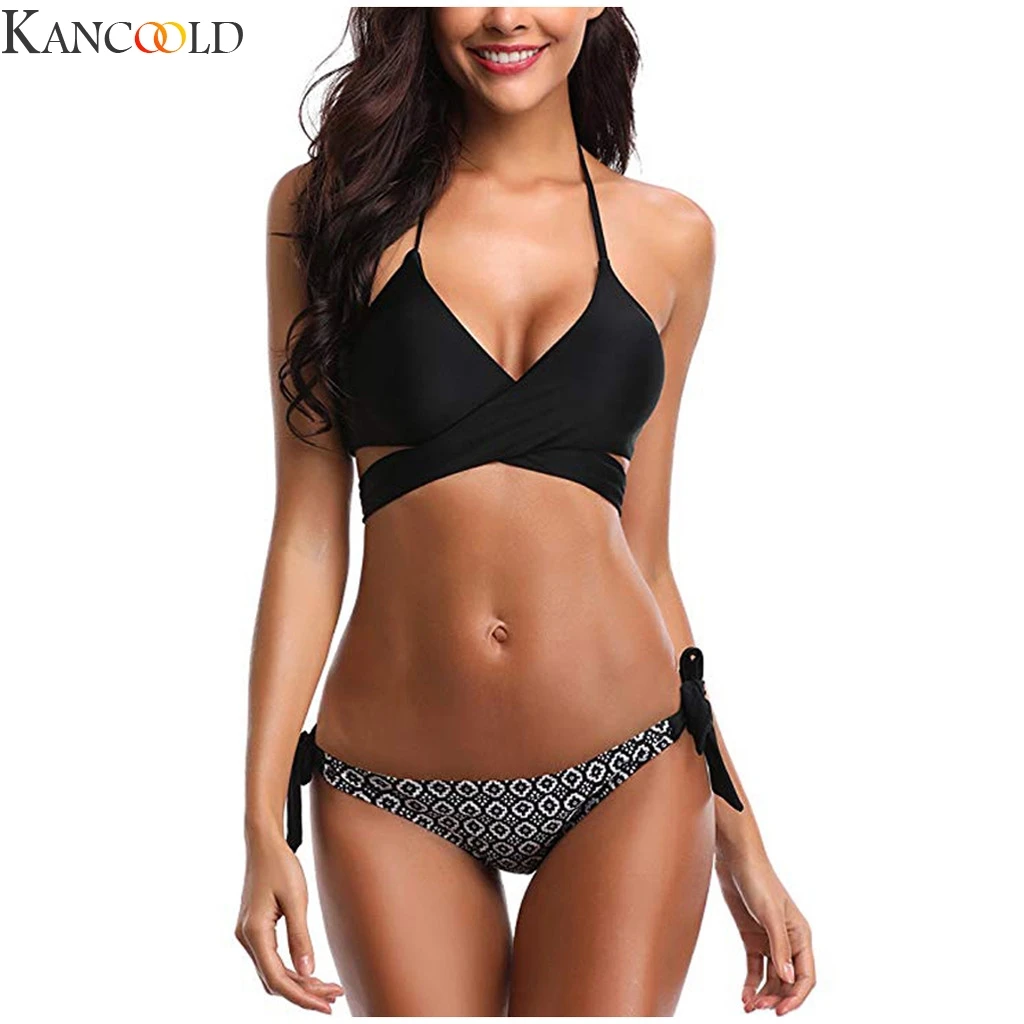 KANCOOLD, женский купальник, сексуальный, из двух частей, с высокой талией, набор, цветочный принт, на шнуровке, крестообразного типа, купальный костюм, винтажная пляжная одежда