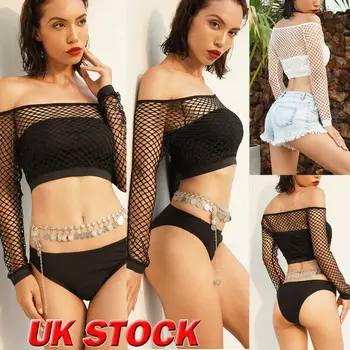 

Sexy Women's Casual Hollow Off Shoulder Long Sleeve Crop Tops Vest Mesh Fishnet Perspective See Through T-Shirt Tee Clubwear