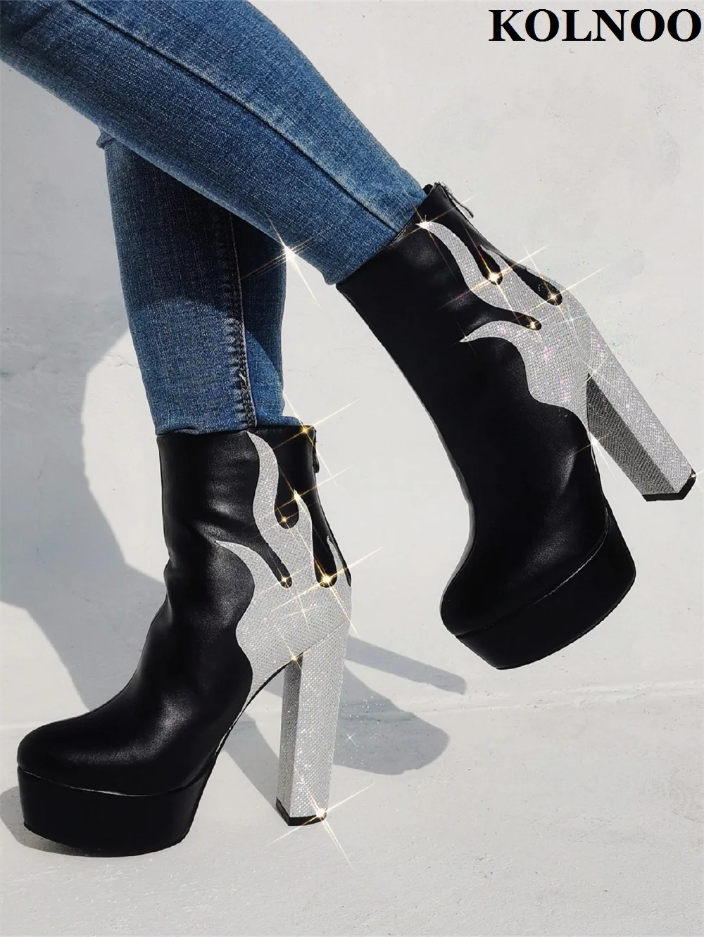 

Kolnoo New Classic Women ThickHeel Ankle Boots Silver-Fire Style Platform Sexy Party Prom Shoes Evening Club Fashion Short Boots