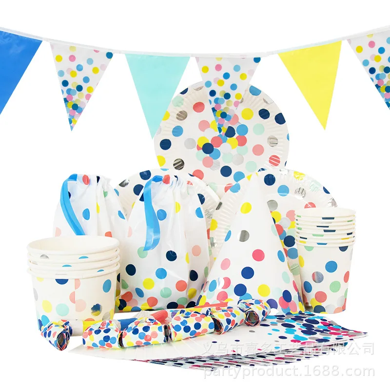 Color Polka Dot Disposable Paper Tableware Set Adult Party Decoration Paper Pallet Paper Cups Pennants