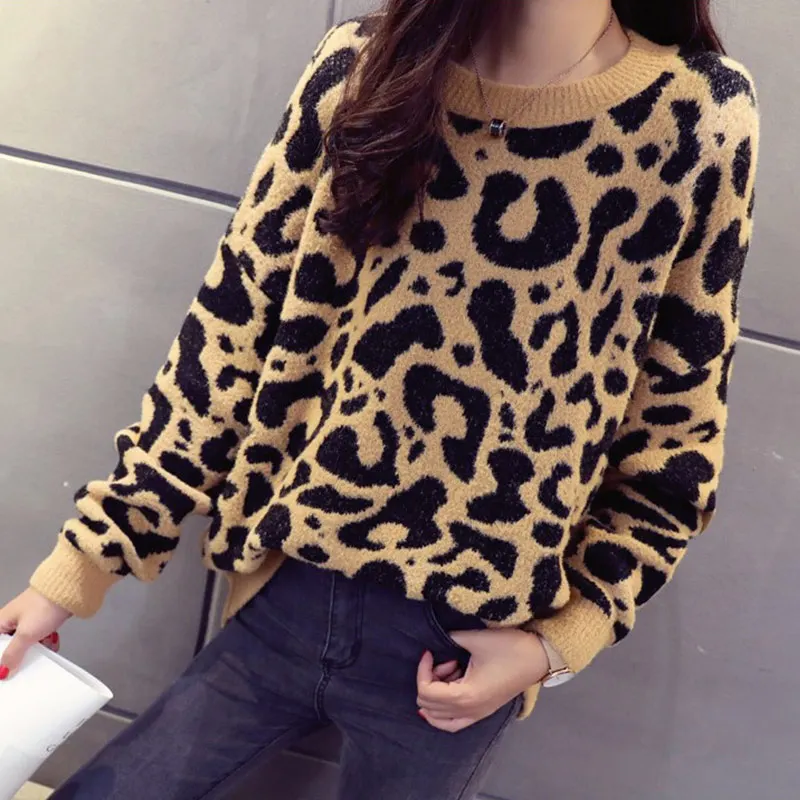Online Suéter de punto de leopardo para mujer Jersey de invierno grueso de manga larga para mujer 2019 otoño moda casual camisetas de punto suéteres para mujer