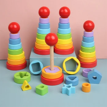 

Wooden Rainbow Tower Stacked Circle Building Blocks Creative Children Educational Sensory Toy Montessori Educational Wooden Toys