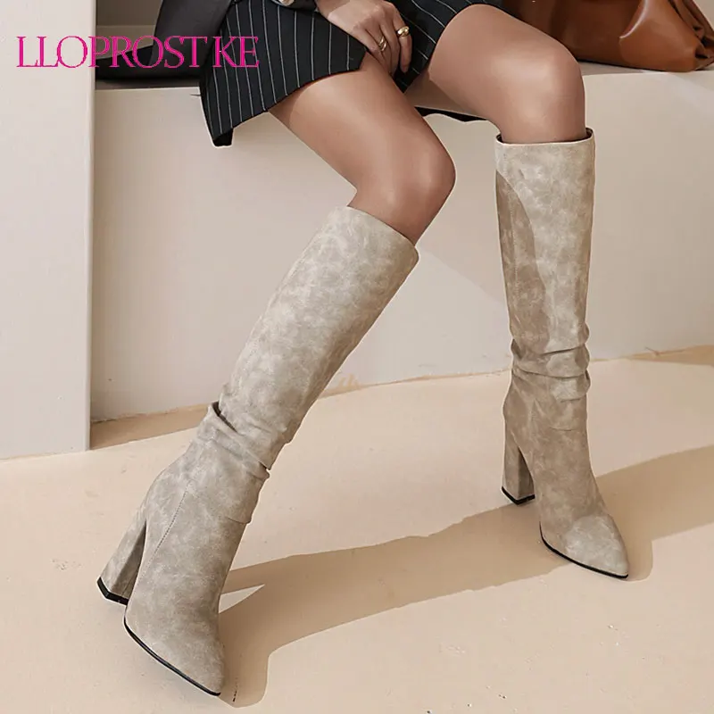

Lloprost ke Faux Leather Women Knee High Boots western cowboy Wedge Pointed toe Boots Woman Long Chunky High Heel Botas Mujer