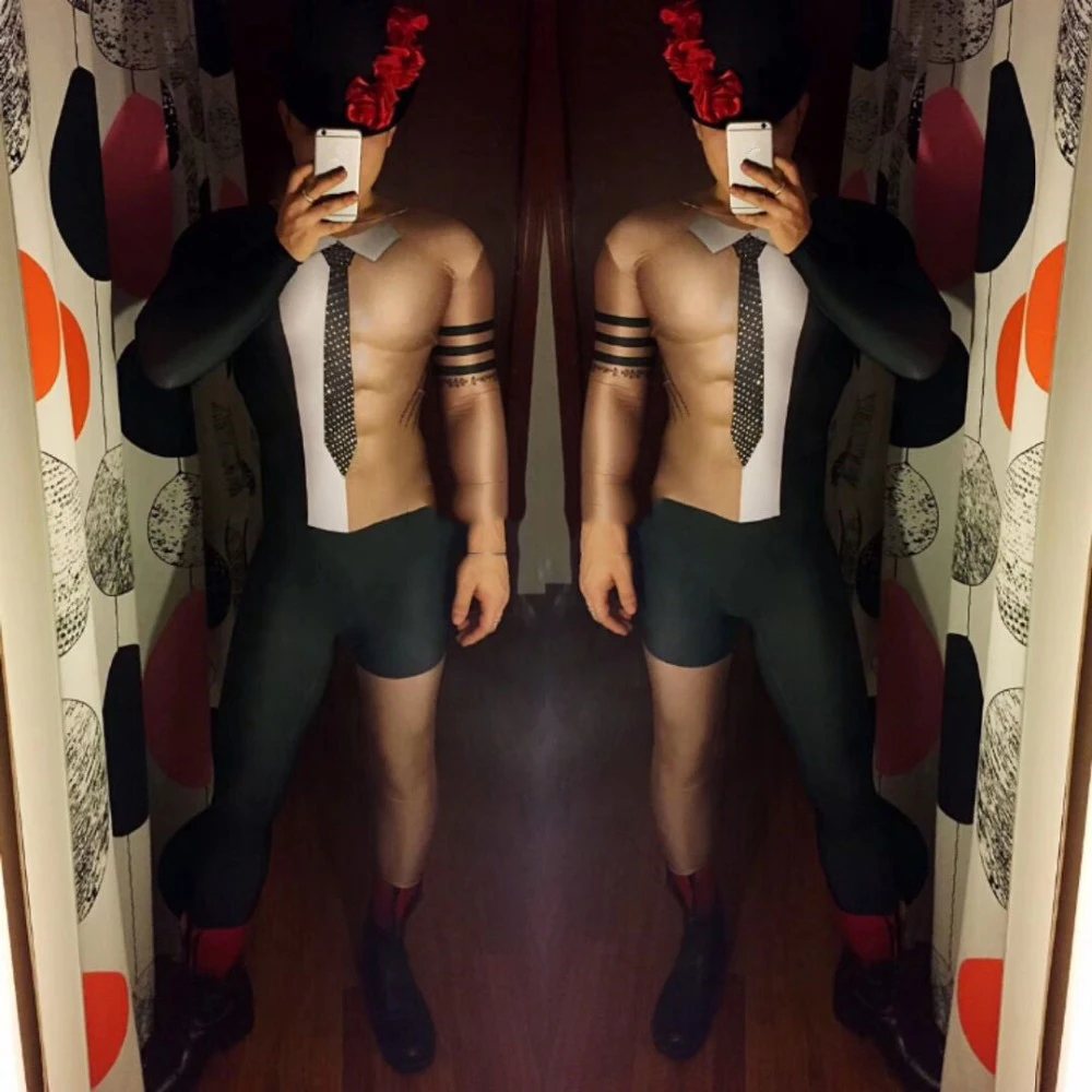 

Singer Dancer Costume Male 3D False Muscle Printed Skinny Jumpsuit Elastic Leotard Party Men DJ Pole Dance Stage Wear DT1186